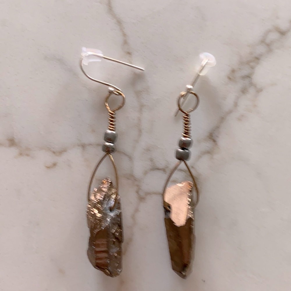 Hand crafted earrings with rough cut irregular copper stones, silver beads.